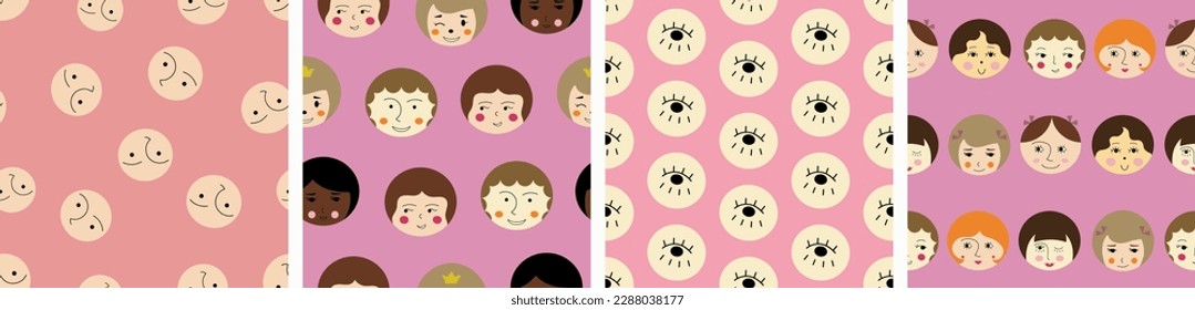 Collection of four patterns, cutely girlish faces. Simple print for fabric, packaging, feminine visage, endless texture
