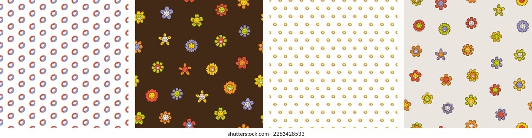 Colección de cuatro motivos, flores alegres. Fondo de arte brillante, rostro sonriente colorido, ilustración vectorial en estilo plano simple
