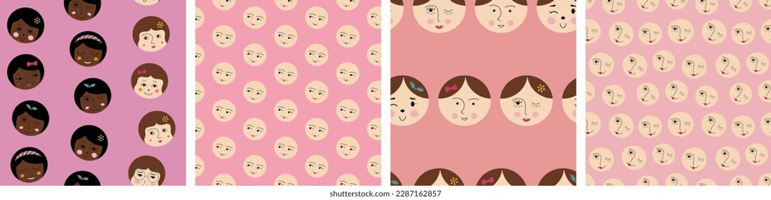 Collection of four patterns, pleasant girlish faces. Decorative endless texture, women guise, simple cute shapes, flat vector
