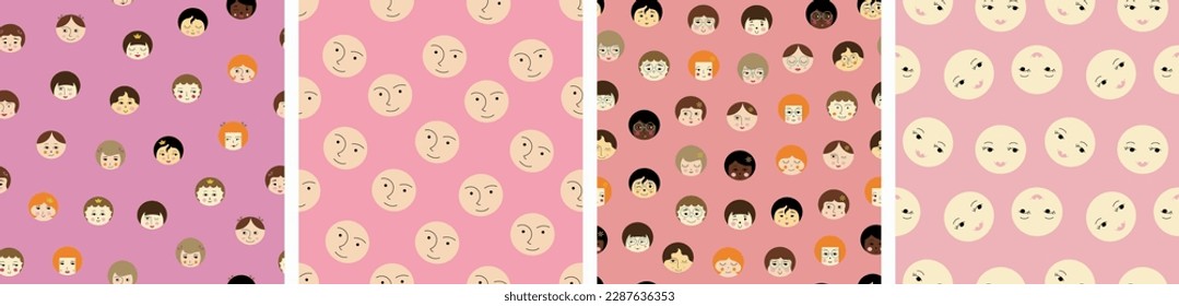 Collection of four patterns, sweet girlish faces. Bright art background, women countenance, vector illustration in simple flat style
