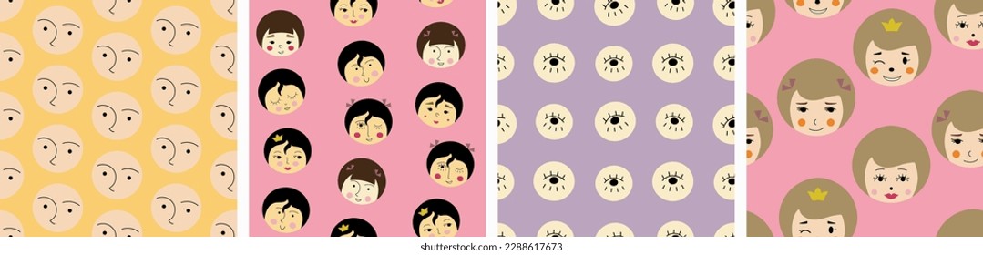 Collection of four patterns, sweet girlish faces. Simple cute shapes, flat vector, feminine countenance, decorative endless texture
