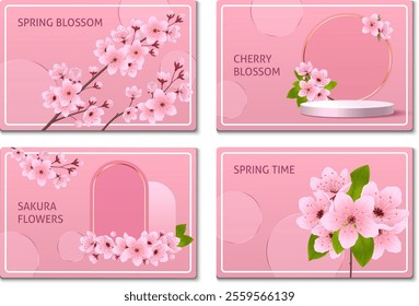 A collection of four pink-themed cards featuring cherry blossom designs. Each card has floral illustrations and text such as 'Spring Blossom', 'Cherry Blossom', 'Spring Time', and 'Sakura Flowers'.