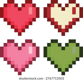 A collection of four pixel art hearts in varying colors (red, pink, cream, green) on a white surface, evoking retro gaming nostalgia.