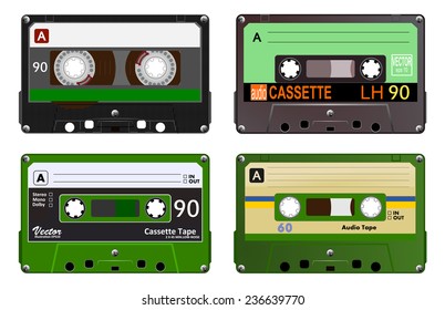 Collection of four plastic audio cassettes tape. Different colorful music tapes. Green set. old technology, realistic retro design, vector art image illustration, isolated on white background eps10 
