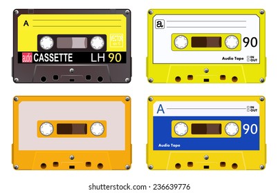Collection of four plastic audio cassettes tape. Different colorful music tapes. Yellow set. old technology, realistic retro design, vector art image illustration, isolated on white background eps10
