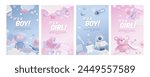 A collection of four posters depicting children's toys in 3D vector format and space for text. Baby shower is perfect for decorations, cards, greetings and invitations for both boys and girls.