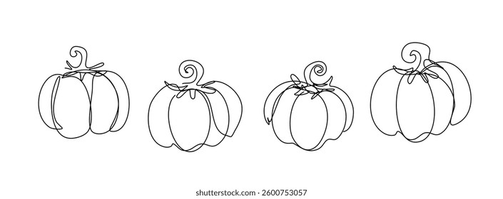 Collection of four pumpkins illustrated in continuous line art style featuring simple and elegant designs. Perfect for autumn decorations or minimalistic art enthusiasts.