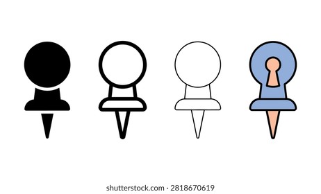 A collection of four push pin map markers represented in solid outline and colored graphic design styles