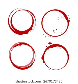 Collection of four realistic red wine stain rings. Vector illustration of grunge circles with drips and splatters for design projects, isolated on white.