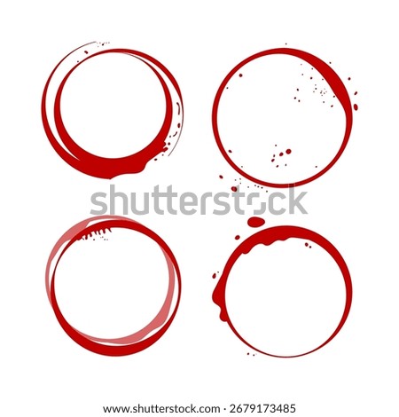 Collection of four realistic red wine stain rings. Vector illustration of grunge circles with drips and splatters for design projects, isolated on white.