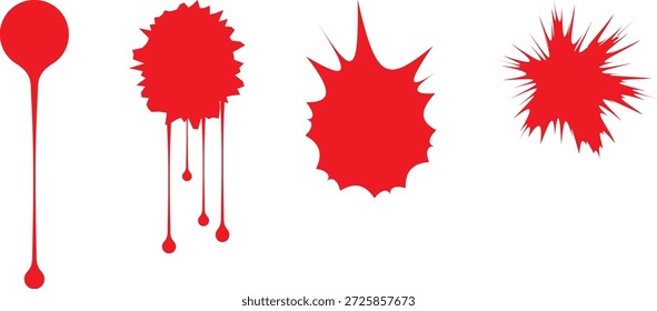 Uma coleção de quatro formas abstratas vermelhas em um fundo branco. As formas incluem um único gotejamento longo, um splatter com três gotejos, um splatter pontiagudo e um splatter do tipo starburst. Esses elementos são gráficos e parecem ser marcas de tinta ou tinta.