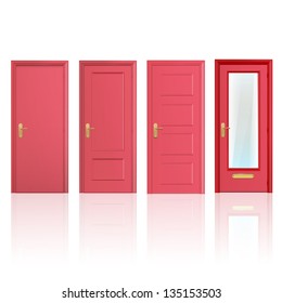 Collection of four red doors, one open and the others closed. Vector design.