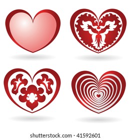 Collection of four red glossy hearts on white background