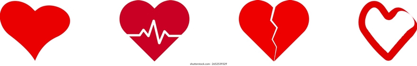A collection of four red heart graphics, each conveying a different meaning: a solid heart, a heart with a heartbeat line, a broken heart, and an outline.