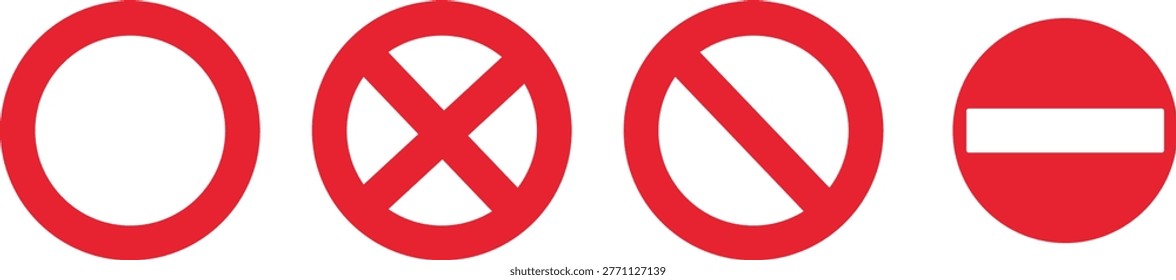 Collection of four red icons representing prohibition stop no entry signs no entry do not enter parking rectangle prohibition forbidden illustration