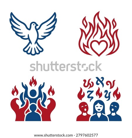 A collection of four religious icons representing the Holy Spirit including a flying dove flaming heart and believers worshiping with tongues of fire in red and blue colors