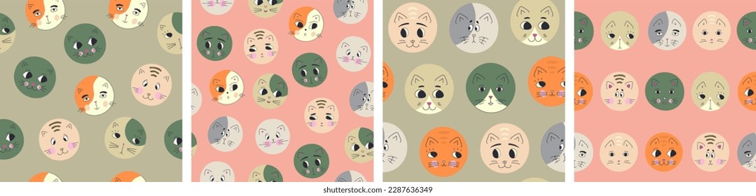 Collection of four repeating patterns, black eyes cats. Continuous print, smiling kitten face, seamless colorful design

