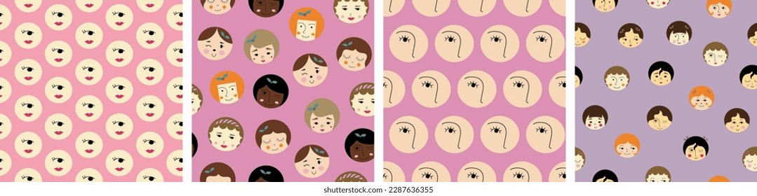 Collection of four repeating patterns, pretty girlish faces. Drawn continuous background, women appearance, funny girl visage
