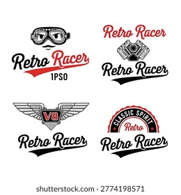 A collection of four retro racing logos featuring stylized text, goggles, a V8 engine, and wings, evoking a vintage automotive theme.