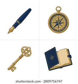 A collection of four retro style illustrations including a classic fountain pen a golden compass an antique key and an open leather journal isolated on white