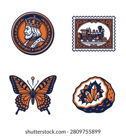 A collection of four retro style vector illustrations including a royal king emblem a vintage postage stamp with a train a butterfly and a crystal geode rock