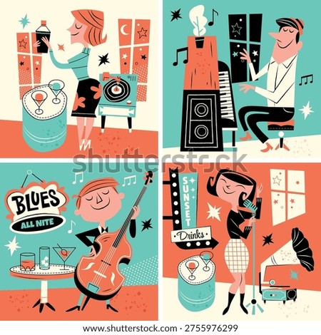 Collection of four retro-style illustrations showing jazz music, cocktails, and nightlife scenes.