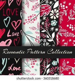 Collection of four romantic patterns. Black and red colors.
