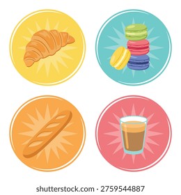 A collection of four round icons, each displaying a different baked good or beverage, including a croissant, macarons, a baguette, and a coffee.