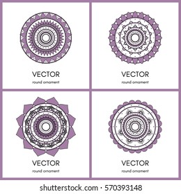 Collection of four round ornaments. Hand drawn illustration. Vector background.