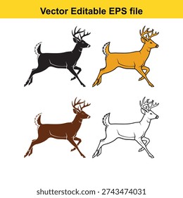 A collection of four running deer vector illustrations in different colors, including black, orange, brown, and white, perfect for use in graphic design, branding, and print materials. The images are presented on a clean white background, showcasing the versatility and elegance of the deer design.
