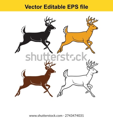 A collection of four running deer vector illustrations in different colors, including black, orange, brown, and white, perfect for use in graphic design, branding, and print materials. The images are presented on a clean white background, showcasing the versatility and elegance of the deer design.
