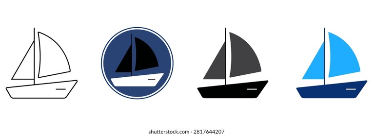 A collection of four sailboat icons featuring simple line and flat design styles. These nautical boat graphics are isolated on a white background, perfect for travel, marine, and summer design projects.