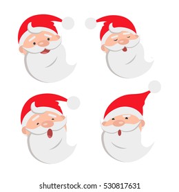 Collection of four Santa Claus face expressions. Different emotions on male faces. White beard. Red hat with white round bow. Types of feelings on countenance. Cartoon style. Flat design. Vector