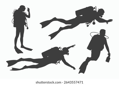 Collection of four scuba diver silhouettes in various diving poses. Perfect for illustrating diving, underwater adventures, or marine-related designs. Clean, simple, and versatile vector graphics.
