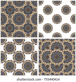 Collection of four seamless pattern in beige, white and dusty lilac colors. Design for prints, textile, decor, fabric. Round colorful texture