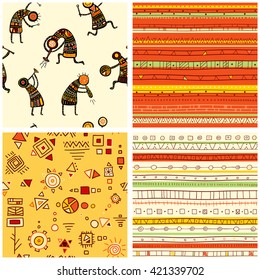 Collection of four seamless patterns with African ethnic patterns of yellow, orange, black and red color