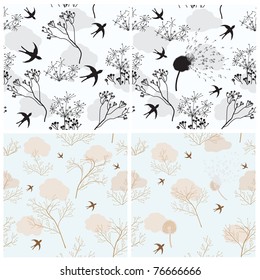 Collection of four seamless patterns with birds and flowers