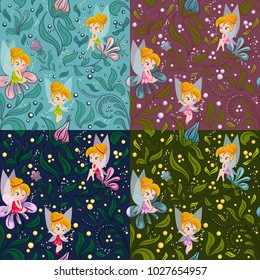 Collection of four seamless patterns with elf and magic flowers. Bright background for wall art, textile, paper