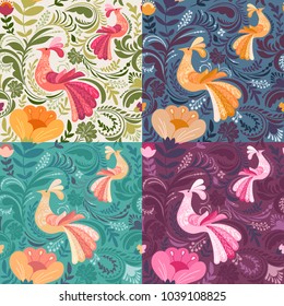 Collection of four seamless patterns with fantastic birds and plants. Bright vector prints for textile, wall art, paper