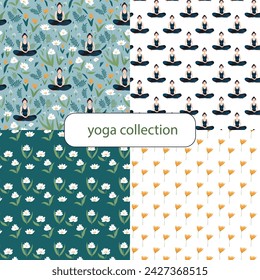 A collection of four seamless patterns on the topic of yoga and meditation