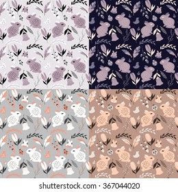 Collection of four seamless patterns with rabbits, lady bugs, birds and flowers, vector illustration