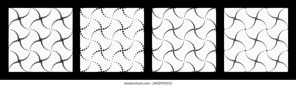 Collection of four seamless vector patterns with interesting structure of circles, dots. Stylish textures. Curvature effect. Vector black and white vector backgrounds.