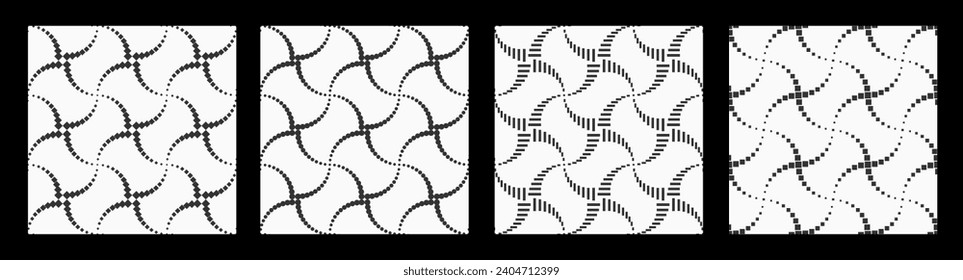 Collection of four seamless vector patterns with interesting structure of small dots and squares. Stylish textures. Curvature effect. Vector black and white vector backgrounds.