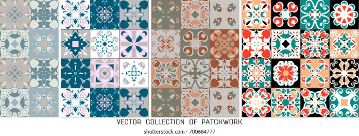 Collection of four seamless vector texture patchwork. Vintage geometric tiles. Decorative pattern for ceramic tiles, wallpaper, linoleum, textiles, background.
