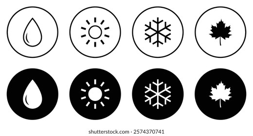 Collection of four seasons icon. Sun, water, autumn winter, and snowflake icons set. Set of icons of season silhouette and outline style. Vector illustration. Flat design.