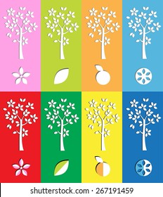 Collection of four seasons icons in flat style. Apple tree. Vector illustration. Interior stickers, design elements. Set of trees. 