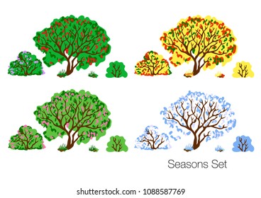Collection of four seasons vector illustration. Hand drawn winter, spring, summer and fall nature.