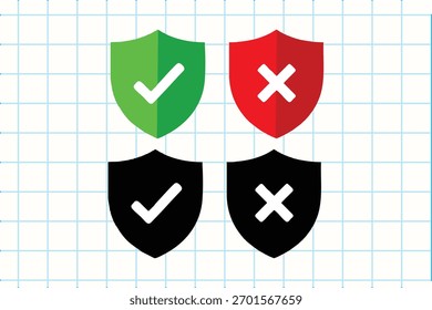 Una colección de cuatro íconos de escudo, dos verdes con marcas de verificación y dos rojos con cruces, junto con versiones negras de cada uno, que representan la seguridad y el Estado.