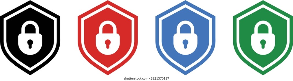 Collection of four shield-shaped security icons, each featuring a padlock and keyhole in black, red, blue, and green colors on a transparent background.