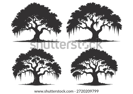 Collection of four silhouette illustrations of large, mature trees with lush canopies and hanging moss.